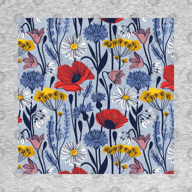 Wild field // pattern // pastel blue background neon red orange shade poppies white daisies denim blue cornflower pink bluebells yellow fennel flowers and other wild flowers meadow plants by SelmaCardoso